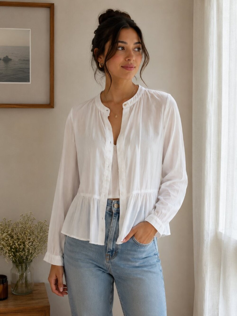 H&M White Ruffle Front Peplum Button-Up Blouse